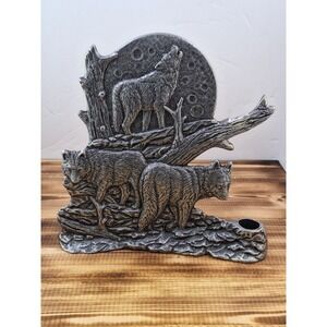 Vintage Carson Pewter Howling Wolf Taper Candle Holder 8.5" Dual Sided Design